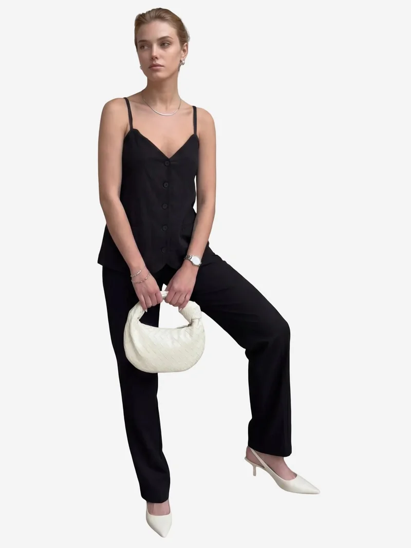My Fashion Black MY FASHION V-Neck Buttoned Vest with Pockets & Straight Leg Pants Two-Piece Set for Women | Best Price UAE